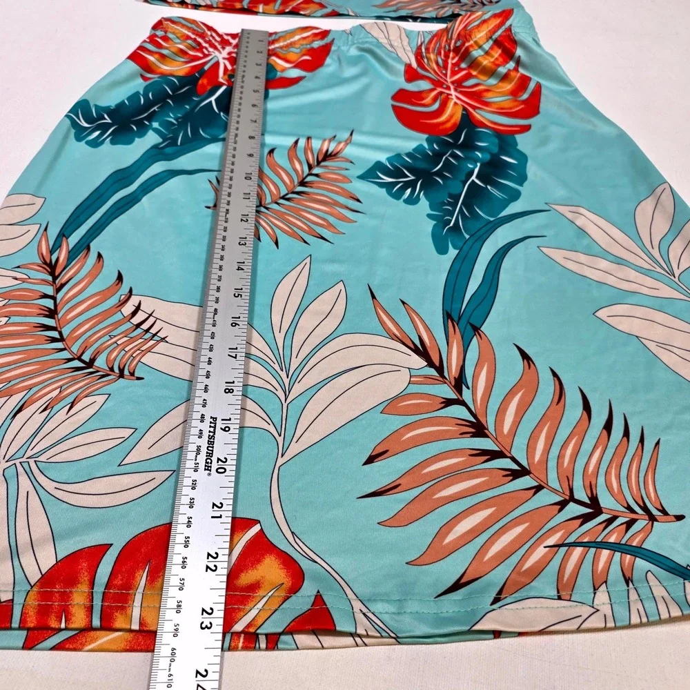 Xinyubaby 2 Piece Skirt Set Womens XXL Teal Tropical Palm Leaf Crop Top Skirt